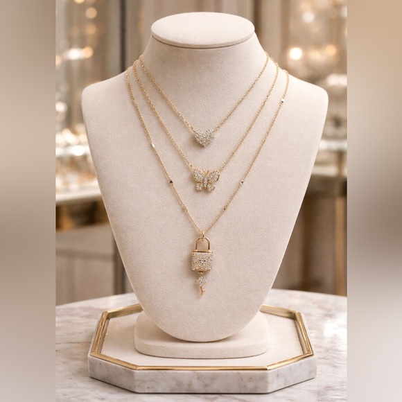 Jewelry - Gold Layered Necklace Set with Heart, Butterfly, and Lock Pendants